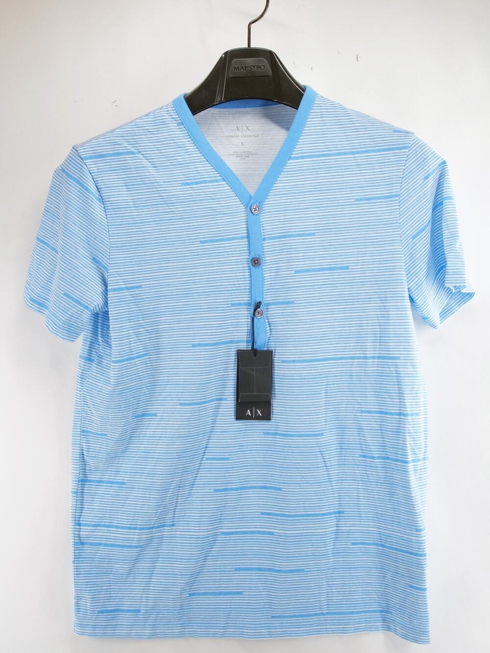 Armani Exchange NWT Mens Henley T-Shirt Blue White Striped Cotton Small N6M203PM